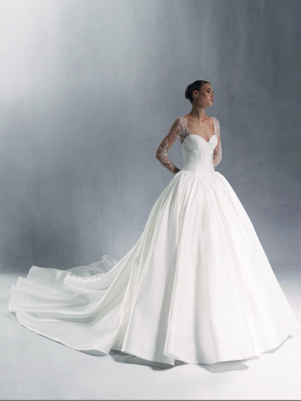 BRAND NEW Wona Concept Classic White Lace-Sleeve Ball Gown Wedding Dress
